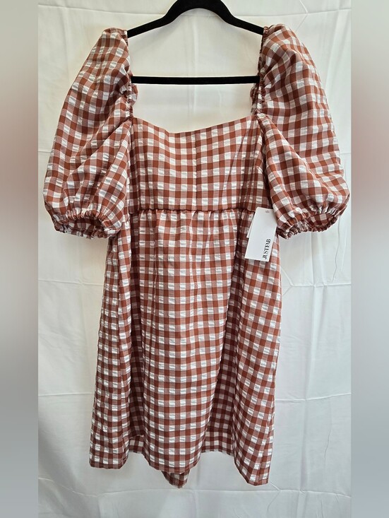 JustFab Dresses & Skirts - JustFab XL Gingham Puff Sleeve Dress Rust White NWT Cottagecore